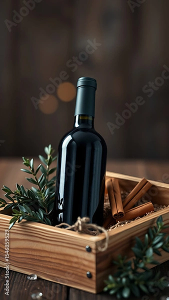 Obraz Dark Wine Bottle in Wooden Gift Box with Eucalyptus and Cinnamon vertical