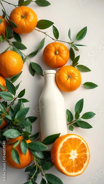 Obraz Cream Bottle Surrounded by Oranges and Greenery on White Background vertical
