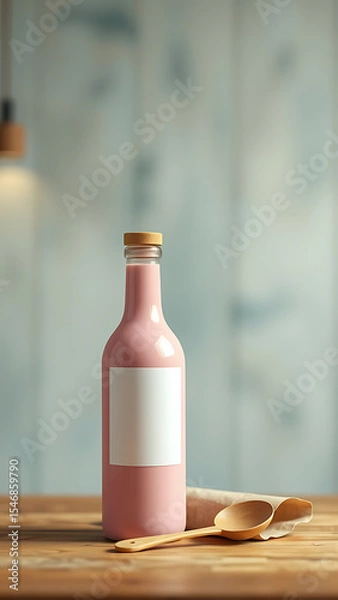 Obraz Branding blank mockup Pink Bottle with Kraft Paper Packaging and Wooden Spoon vertical