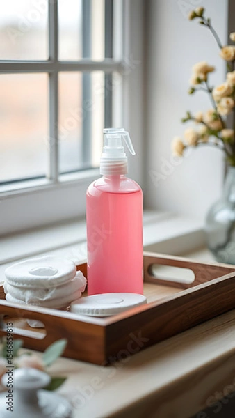 Obraz Blush Pink Facial Mist Spray Bottle with Cotton Pads on Wooden Tray near Window vertical