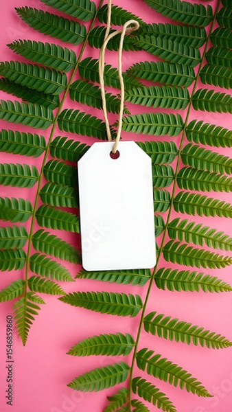 Obraz Blank White Tag with Fern Leaves on Pink Background vertical