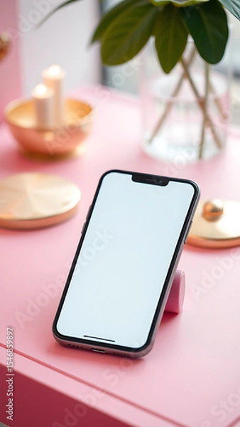 Obraz Blank Smartphone Screen on Pink Desk with Gold Accents vertical