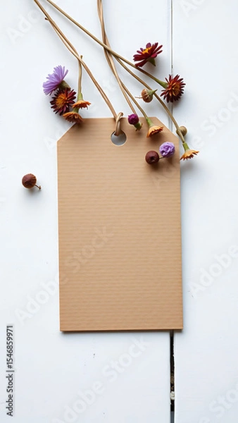 Obraz Blank Kraft Tag with Dried Flowers on White Wooden Background vertical