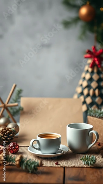 Obraz Blank Kraft Paper Stationary blank mockup with Coffee and Festive Decor vertical