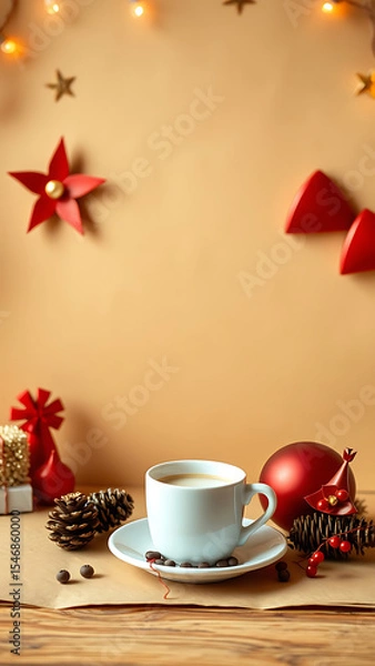 Obraz Blank Kraft Paper Stationary blank mockup with Coffee and Festive Decor vertical