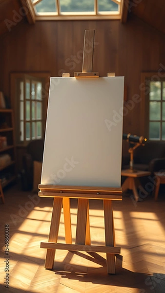 Obraz Blank Canvas on Wooden Easel in Sunlit Room vertical