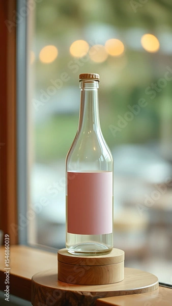 Obraz Beige Glass Bottle with Pink Label on Wooden Stand vertical