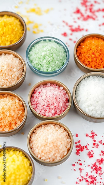 Obraz Assortment of Colorful Salts in Bowls on White Background vertical