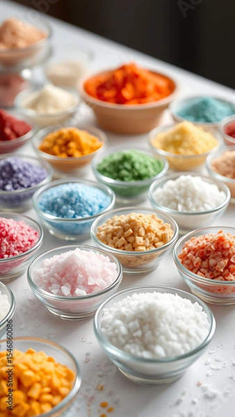Obraz Assortment of Colorful Salts in Bowls on White Background vertical