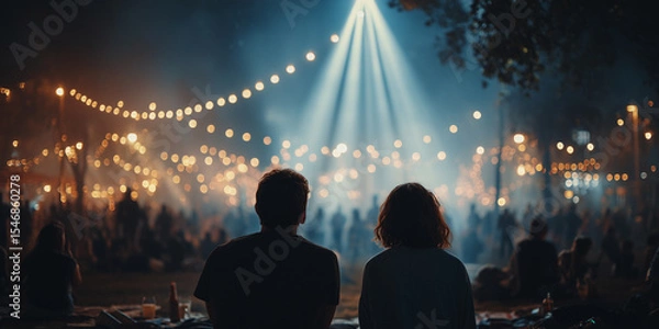 Obraz Nighttime outdoor festival with glowing string lights, a couple sitting in the foreground enjoying the atmosphere and crowd.
