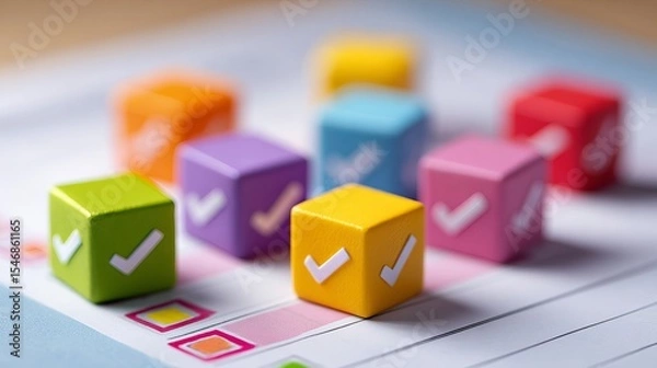 Fototapeta Colorful checklist cubes with check marks for task management and productivity concepts ideas