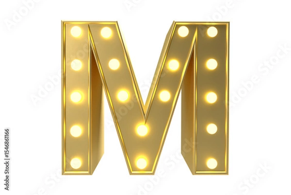 Fototapeta Illuminated golden letter m with light bulbs isolated on a black background