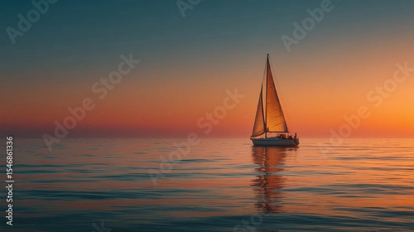 Obraz A lone sailboat glides across calm, reflective ocean waters under a vivid orange and blue sunset gradient, evoking serenity and stillness.