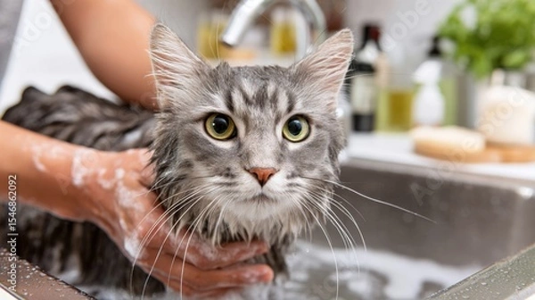 Fototapeta A gray cat is being bathed in a sink, looking at the camera, its fur is wet and soapy.