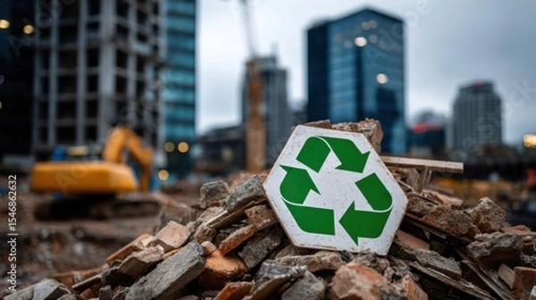Fototapeta Rubble pile with recycling symbol at an urban construction site, highlighting eco-friendly waste management and sustainability in city redevelopment projects.