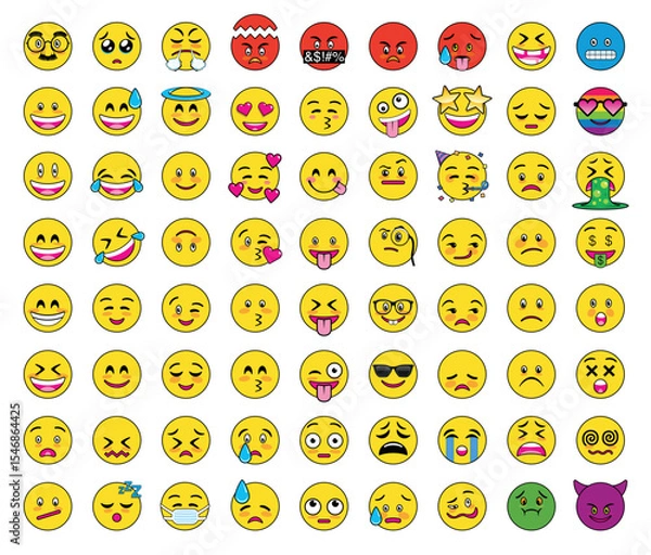 Obraz Set of 72 round, flat yellow emojis with different facial expressions: happy, naughty, crying, in love, sick, partying, surprised, evil, and with the LGBTI flag