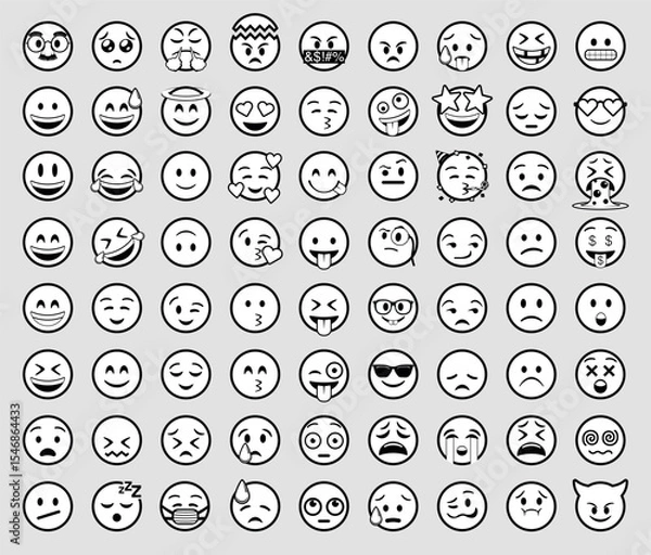 Obraz Set of 72 round white emojis with a black line depicting different facial expressions: happy, naughty, crying, in love, sick, partying, surprised, and evil