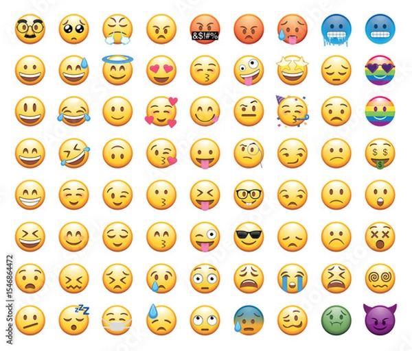 Obraz Set of 72 round yellow emojis with different facial expressions: happy, naughty, crying, in love, sick, partying, surprised, evil, and with the LGBTI flag