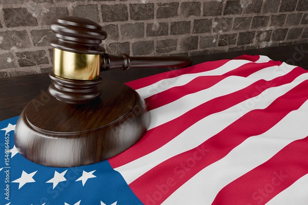 Fototapeta American Flag and Wooden Gavel Resting on Desk.