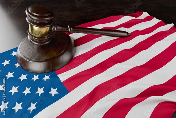 Fototapeta American Flag and Wooden Gavel Resting on Desk.