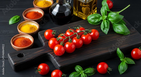 Fototapeta Dark wooden board with cherry tomatoes on vine, basil, and colorful spices in bowls, showcasing fresh ingredients for cooking, suggesting culinary preparation or healthy eating