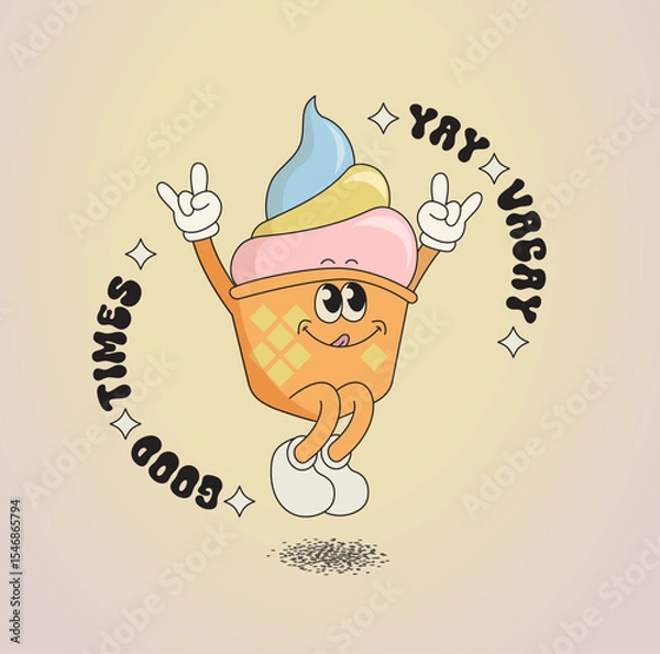 Fototapeta Tasty ice cream character,funny summer food-sundae, gelato. Happy sweet kawaii smiling and jumping delicacy with different tastes for kids. Template for greeting,poster, flyer, web.Vector illustration