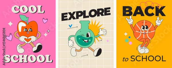 Fototapeta Set bright cards with kawaii characters of school supplies.Flask,ball,apple characters with happy face,cute comic characters,welcome back to school concept.Cool school for study, sport,explore. Vector
