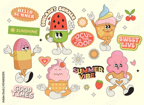 Fototapeta Set summer stickers of funny ice cream characters,sweet food with different emotions.Happy sweet kawaii smiling delicacy. Isolated elements for web,flyer,scrapbooking summer vibe, templates. Vector