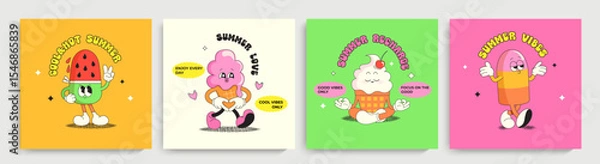 Fototapeta Set summer bright cards with ice cream characters,funny summer food-sundae, gelato with different emotions. Happy sweet kawaii smiling delicacy. Template for greeting,poster,leaflet, flyer, web.Vector
