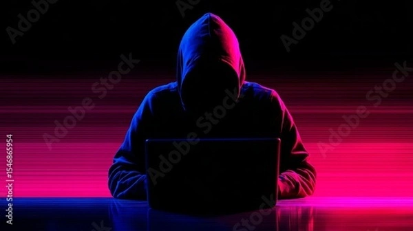 Fototapeta Person in a hoodie sitting at a laptop in front of a pink and blue glowing background with dark shadows