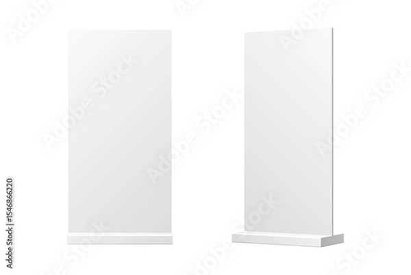 Fototapeta Two blank white roll up banner mockup displays for advertising and promotion on black background