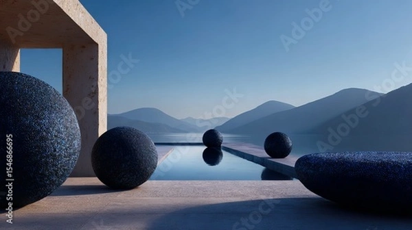 Fototapeta Spheres near a pool with mountain views and a stone structure on a clear day with blue skies