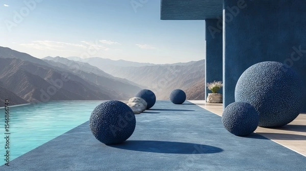 Fototapeta Blue spheres on a platform overlooking a lake and mountains in the distance on a sunny day scene
