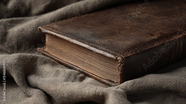 Fototapeta Close up shot of an old brown leather bound book resting on a textured gray fabric surface in soft light
