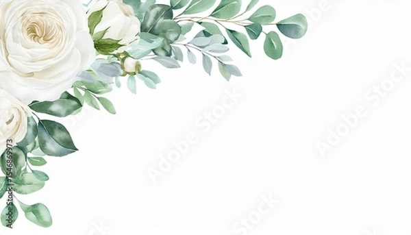 Obraz corner border of watercolor white flowers featuring a creamy peony ivory rose sage green leaves and eucalyptus hand painted art for wedding invites or backgrounds