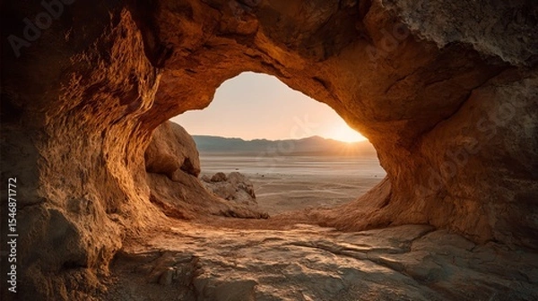 Fototapeta View of desert landscape through a natural rock archway at sunset with mountains in the distance