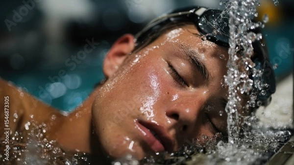 Obraz Professional Swimmer Resting at Pool Edge with Goggles on Forehead - High-Resolution Image for Sports and Fitness Enthusiasts