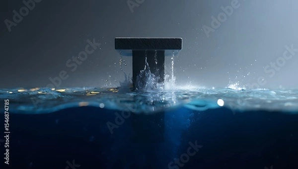 Fototapeta Abstract Minimalist Image Dark Block Falling into Water, Splashing, Minimalist Design