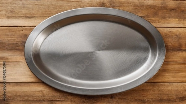 Fototapeta A top view of an empty oval shaped stainless steel tray on a rustic wooden surface in a studio setting
