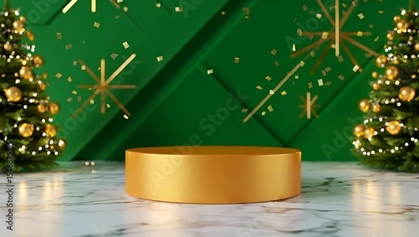 Fototapeta Elegant Gold Christmas Podium Festive Green Background Display