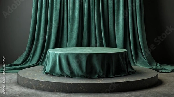Fototapeta Round platform draped in green fabric with matching background curtains for product presentation use
