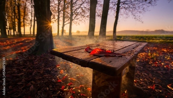 Fototapeta Autumnal Serenity Sunrise Through the Woods, Leaves on Rustic Table