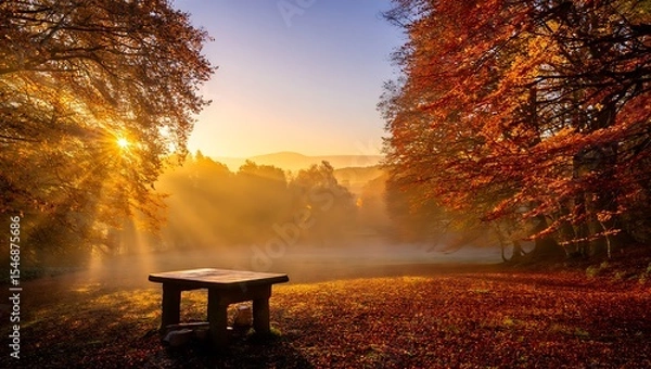 Fototapeta Autumn Sunrise Serene Golden Rays Illuminating Misty Forest Path