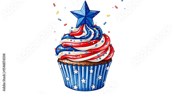 Fototapeta Vibrant patriotic cupcake illustration featuring swirled red, white, and blue frosting, topped with a bold blue star and colorful sprinkles. Perfect for USA national holiday celebrations like Fourth