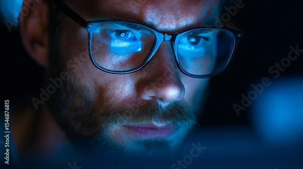 Fototapeta Close up of a man with glasses and a beard looking intently at a screen with blue light reflection