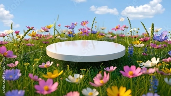 Fototapeta Spring Meadow Floral Display White Circular Product Showcase in Vibrant Wildflower Field