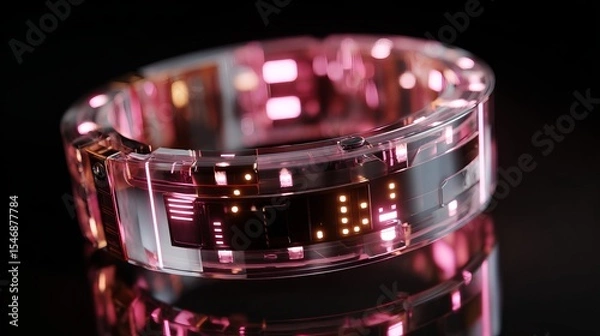 Fototapeta Close up of a futuristic bracelet with pink and orange lights on a reflective black surface