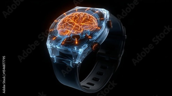 Fototapeta A futuristic wristwatch with a transparent case showcasing an orange glowing brain hologram inside it