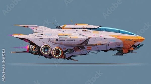 Fototapeta A futuristic spaceship with orange and white accents flying in a blue sky with visible engine details