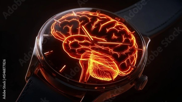 Fototapeta Close up of a watch with a glowing brain inside the face on a black background with a leather strap